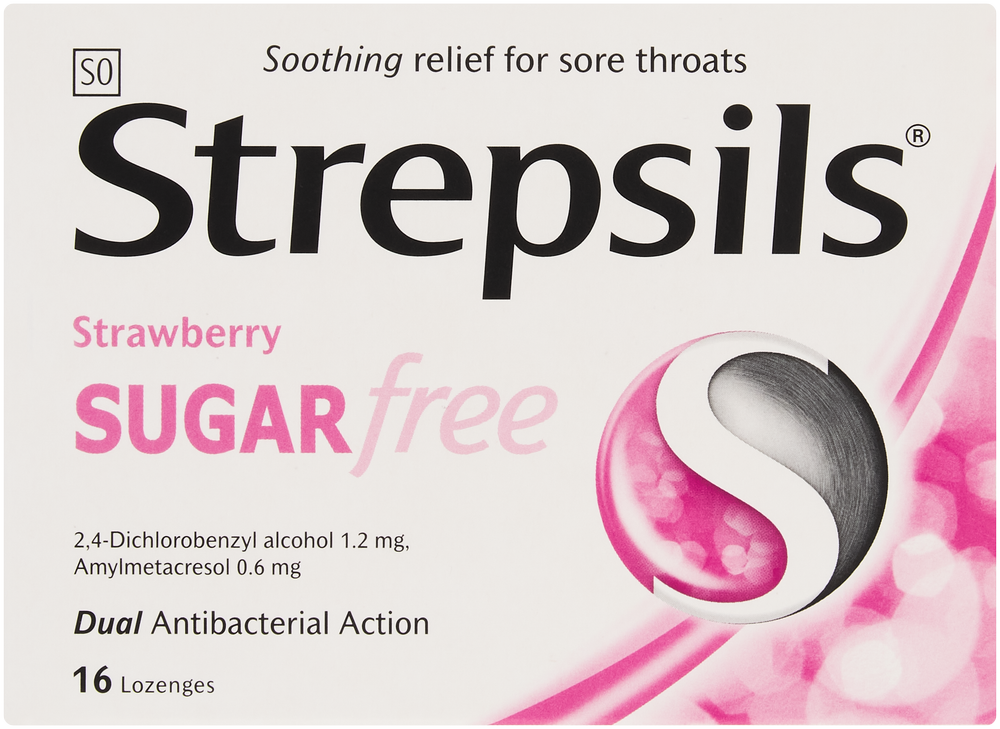 Strepsils Strawberry Sugar-Free Throat Lozenges 16pk