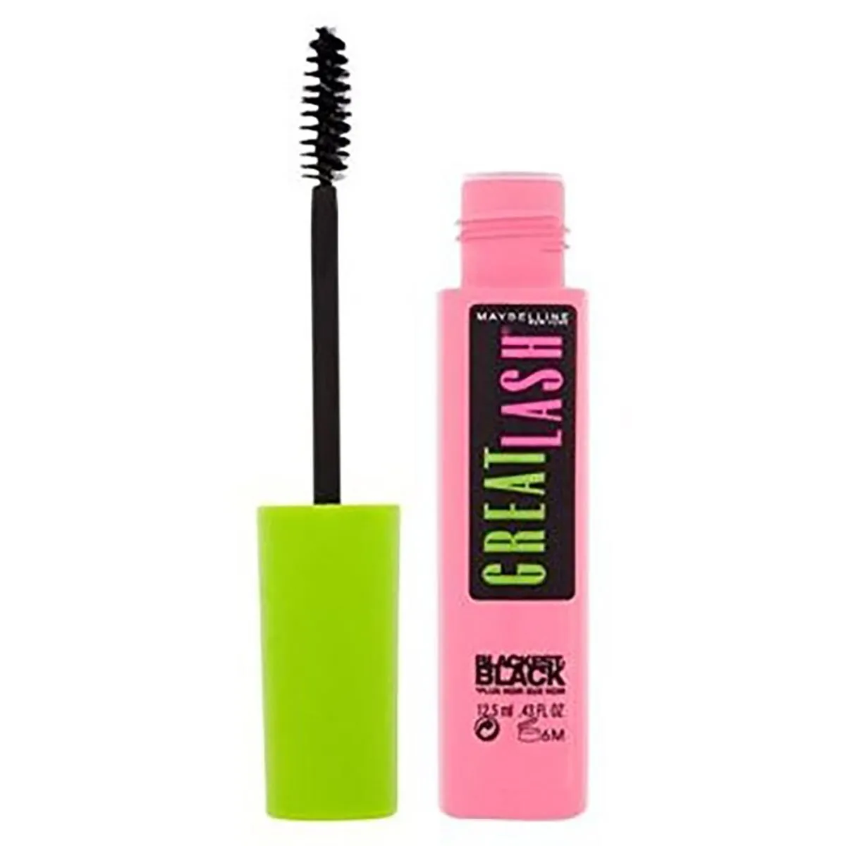 Front of Maybelline Great Lash Big Washable Mascara, Blackest Black, 12.5 ml tube with applicator wand