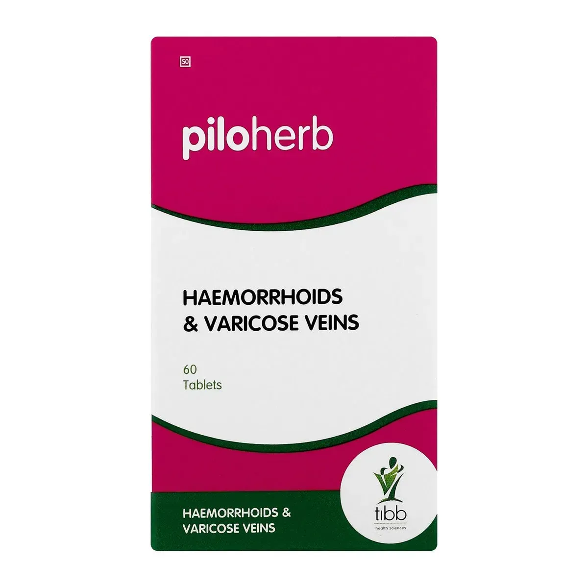 Front of TIBB Piloherb Haemorrhoids & Varicose Veins 60 Tablets box