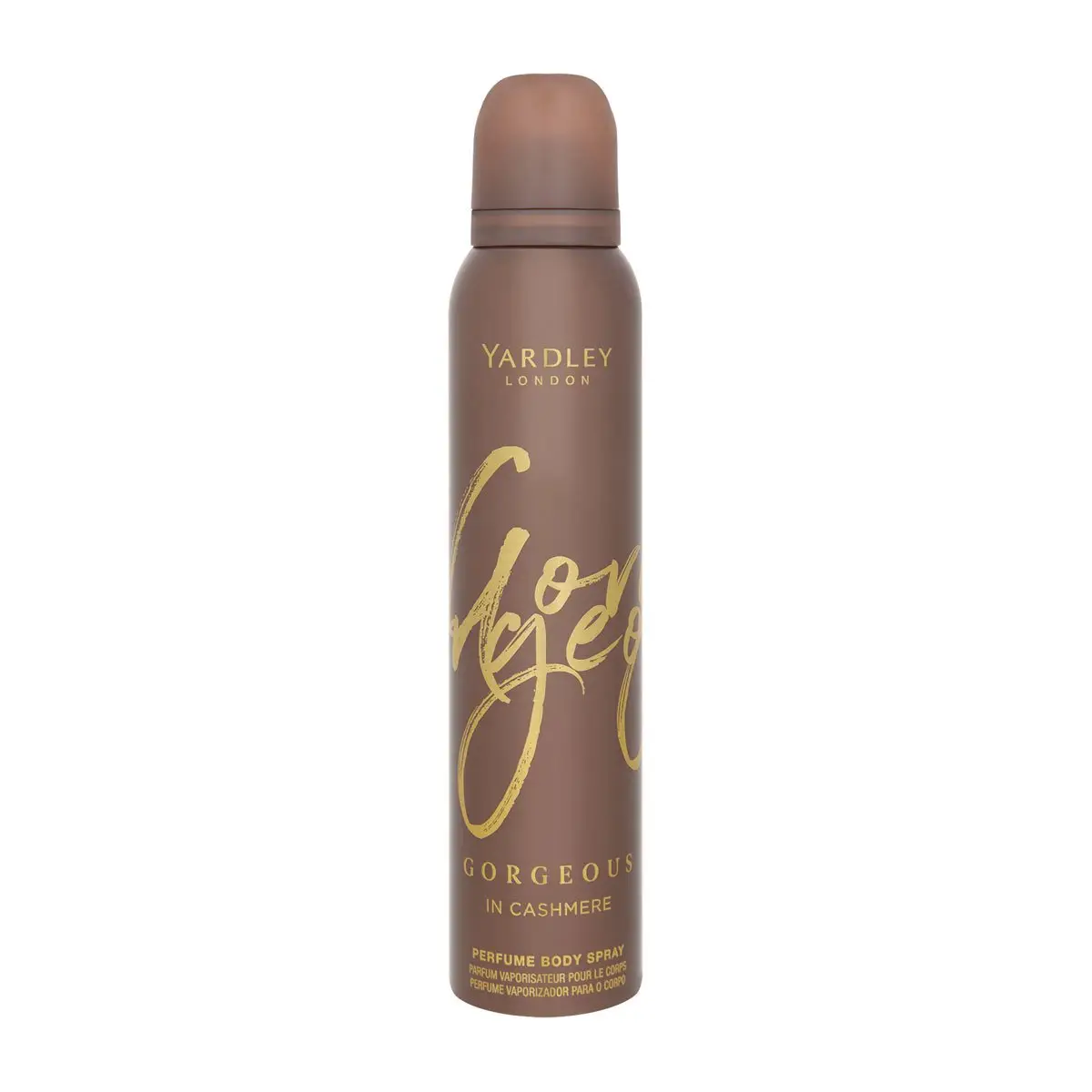 Front of Yardley Gorgeous in Cashmere Perfume Body Spray 150 ml can on white background
