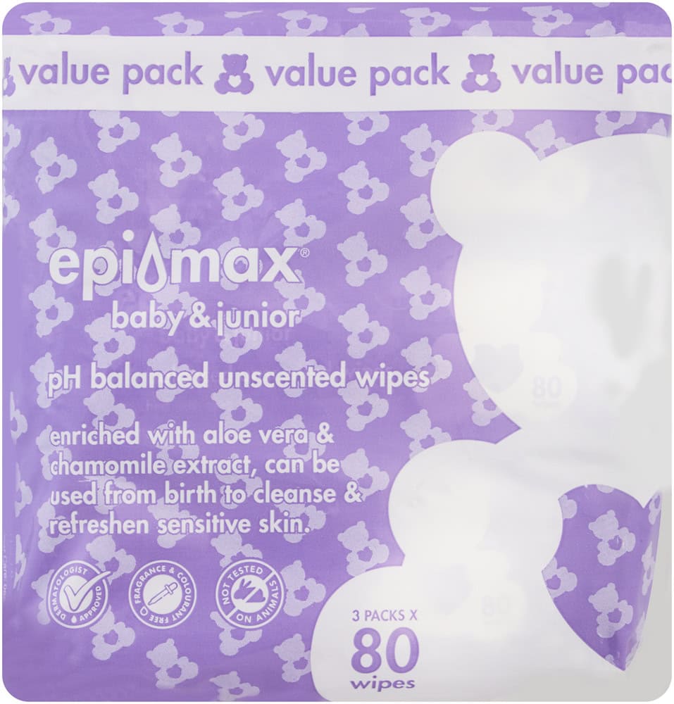 Epi-max Baby & Junior pH Balanced Unscented Wipes 3 x 80pk