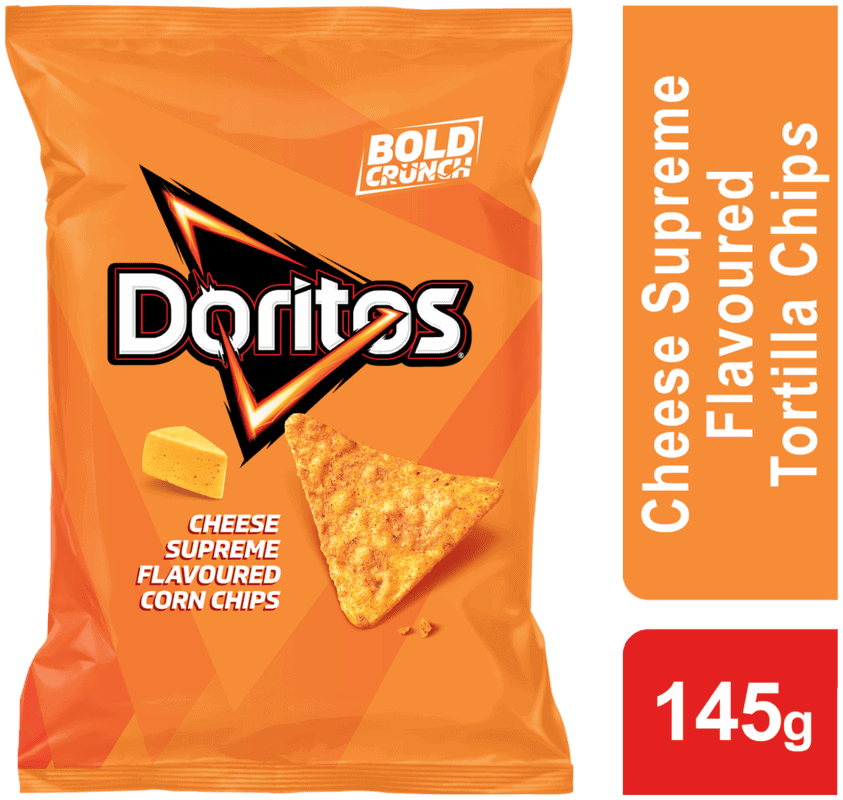 Front of Doritos Cheese Supreme Flavoured Tortilla Chips 145 g bag with pack size label
