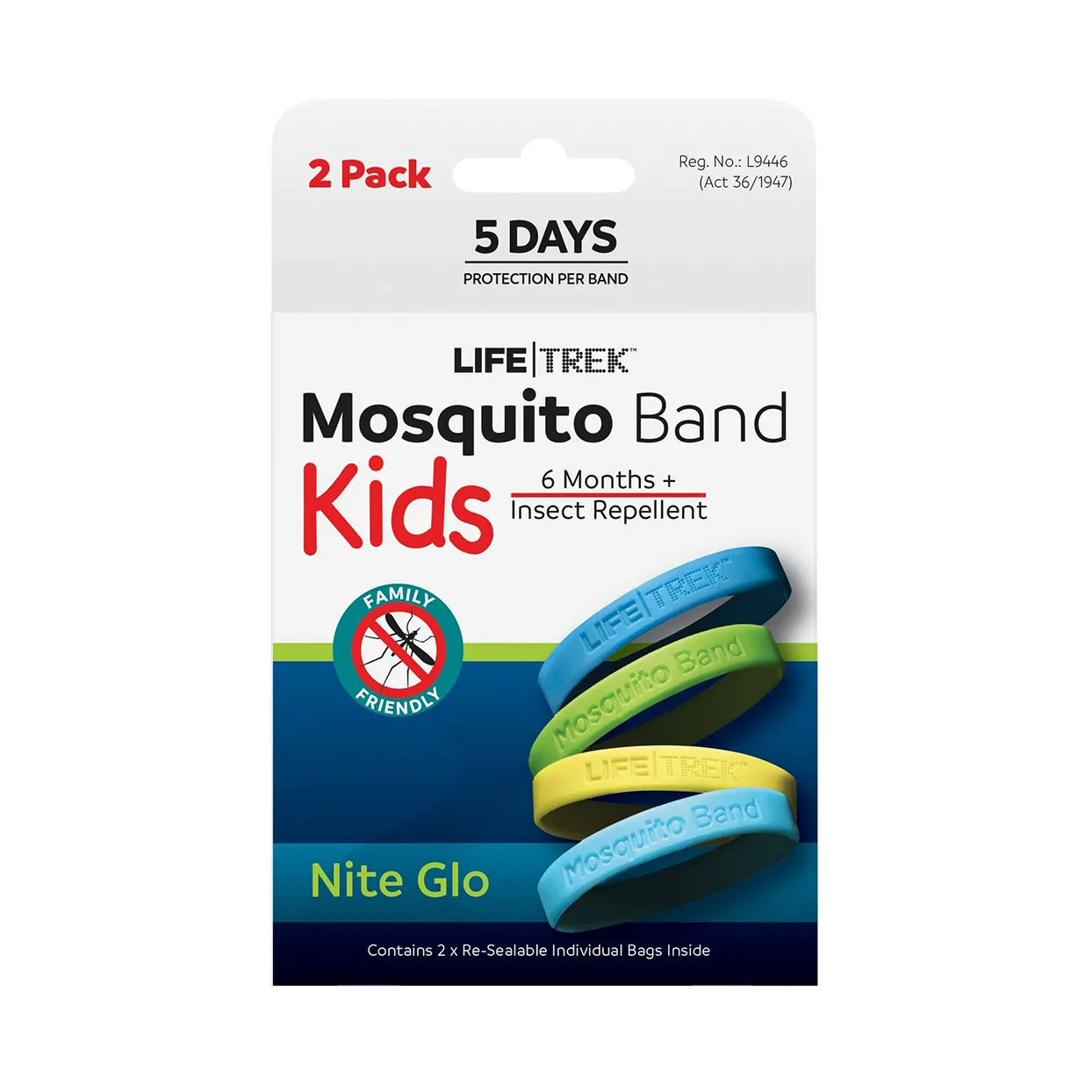Front of LifeTrek Mosquito Band Kids Nite Glow 2 Pack box
