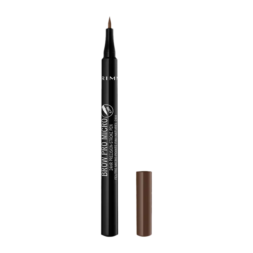 Front of Rimmel Brow Pro Micro Pen, 24HR Precision-Stroke Pen, shown uncapped with cap beside it