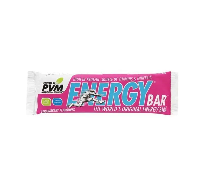 Front of PVM Energy Bar Strawberry flavoured 45g bar