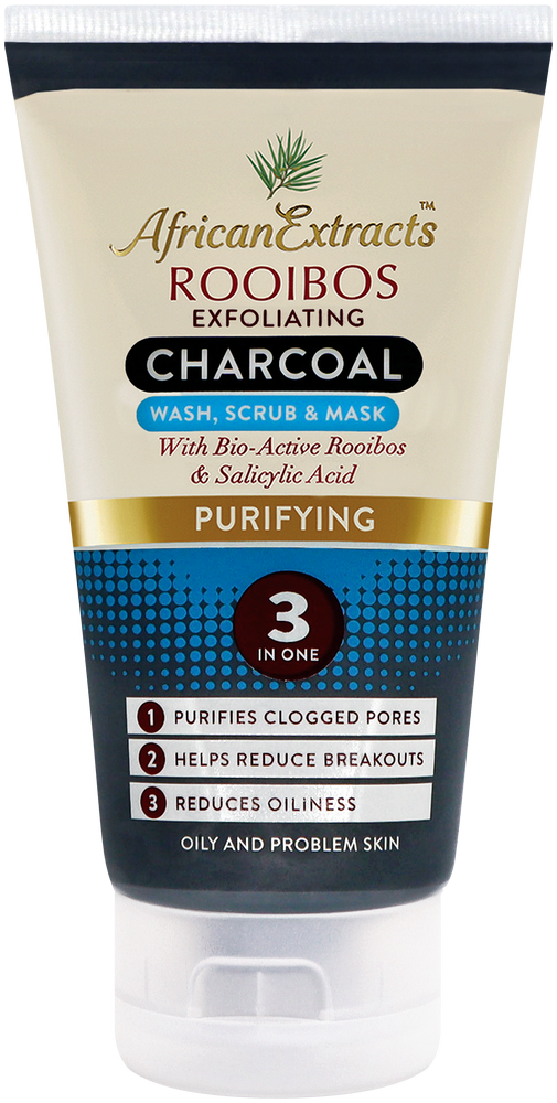 African Extracts Rooibos Purifying Charcoal 3-in-1 Wash, Scrub & Mask 150ml
