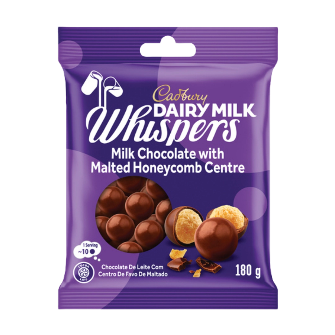 Front of Cadbury Dairy Milk Whispers Milk Chocolate with Malted Honeycomb Centre 180g pack