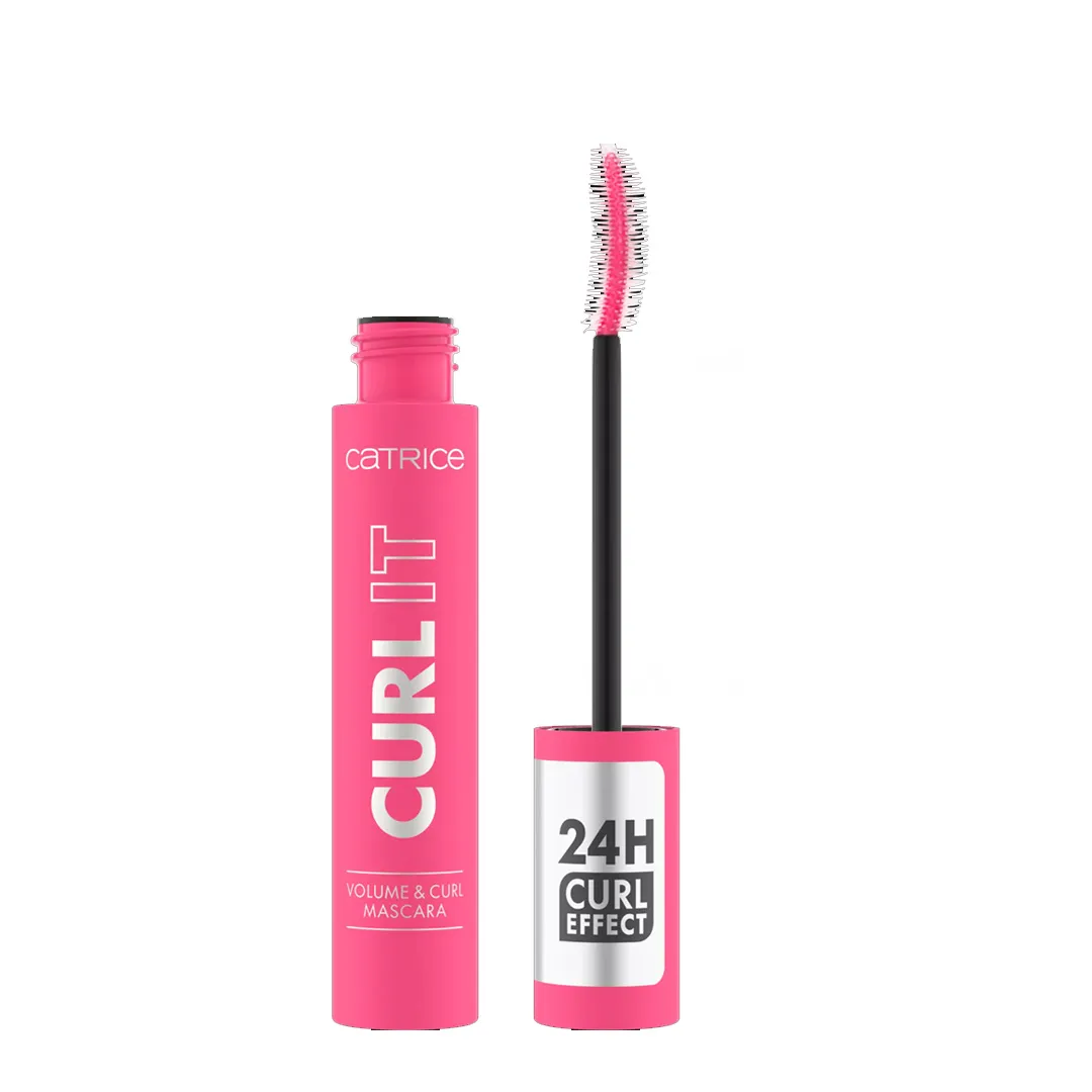 Front of Catrice Curl It Volume & Curl Mascara 010, 11 ml tube with applicator brush shown beside it