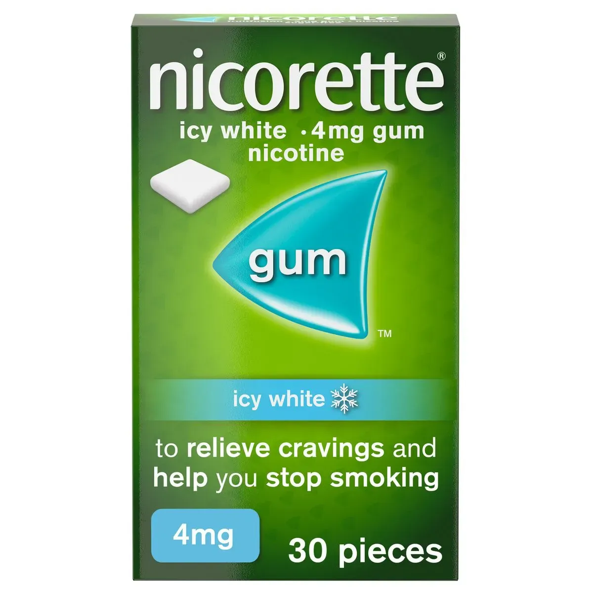 Front of Nicorette Icy White 4 mg Gum, 30 pieces box on white background