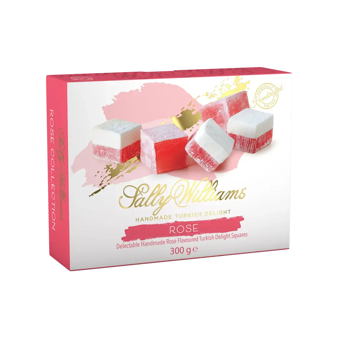 Front of Sally Williams Handmade Turkish Delight Rose flavour, 300g box