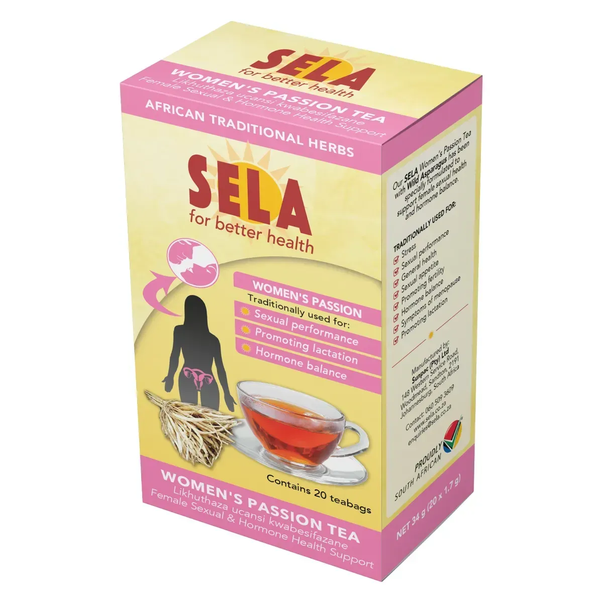 Angled view of Sela Women's Passion Tea 20 teabags box showing net weight and details