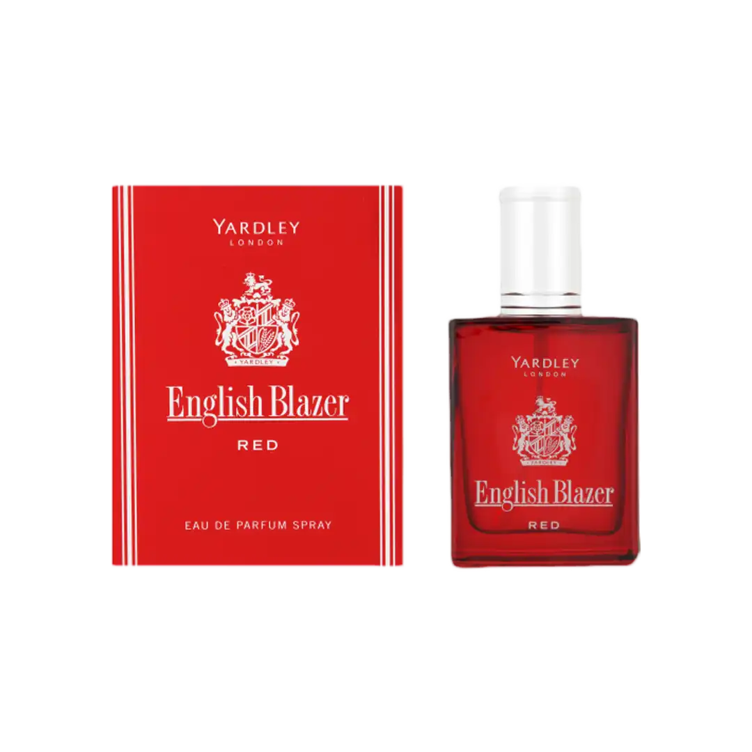Front of Yardley English Blazer Red Eau de Parfum 50 ml box and bottle