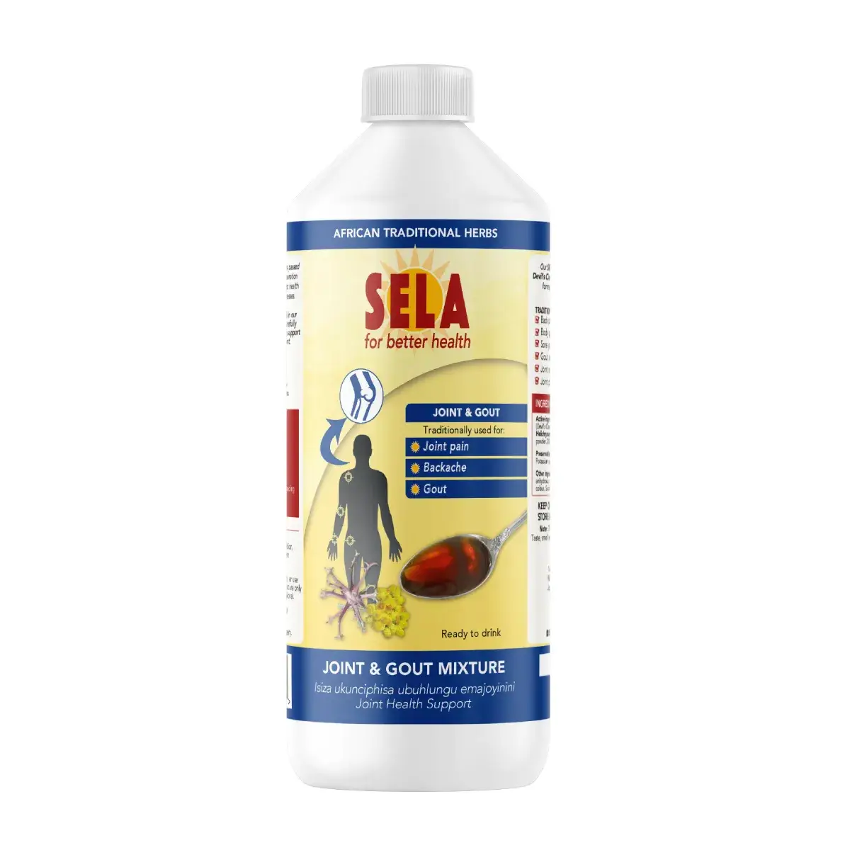 Front of Sela Joint and Gout Mixture 500 ml bottle on white background