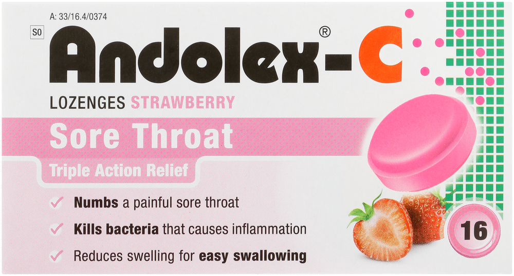 Andolex-c Strawberry Sore Throat Lozenges 16pk