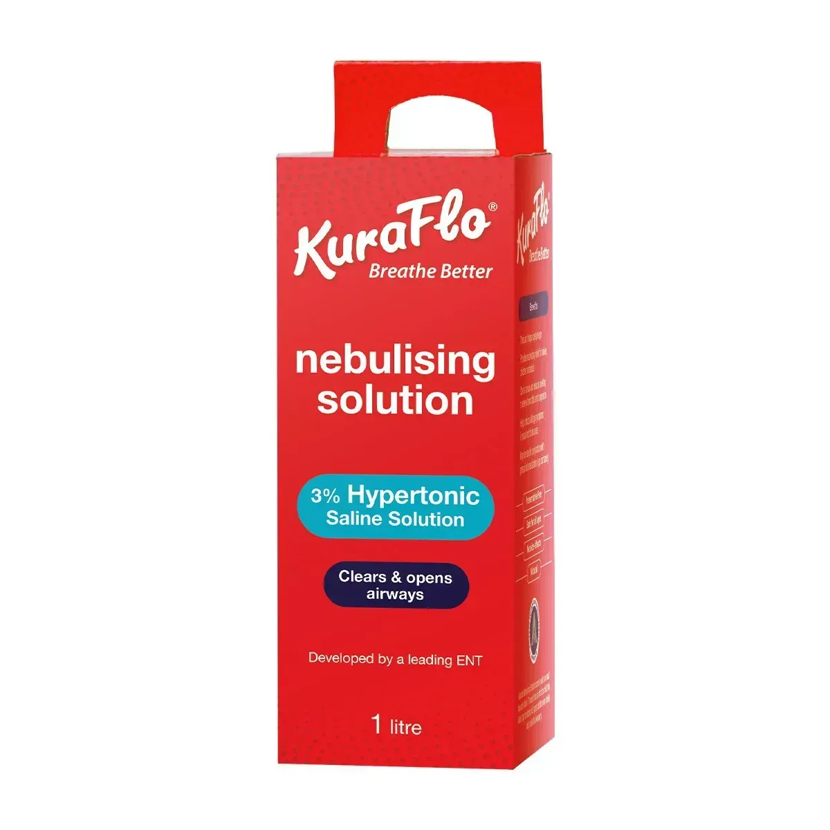 Front angled view of KuraFlo Nebulising Solution 3% Hypertonic Saline 1000 ml box