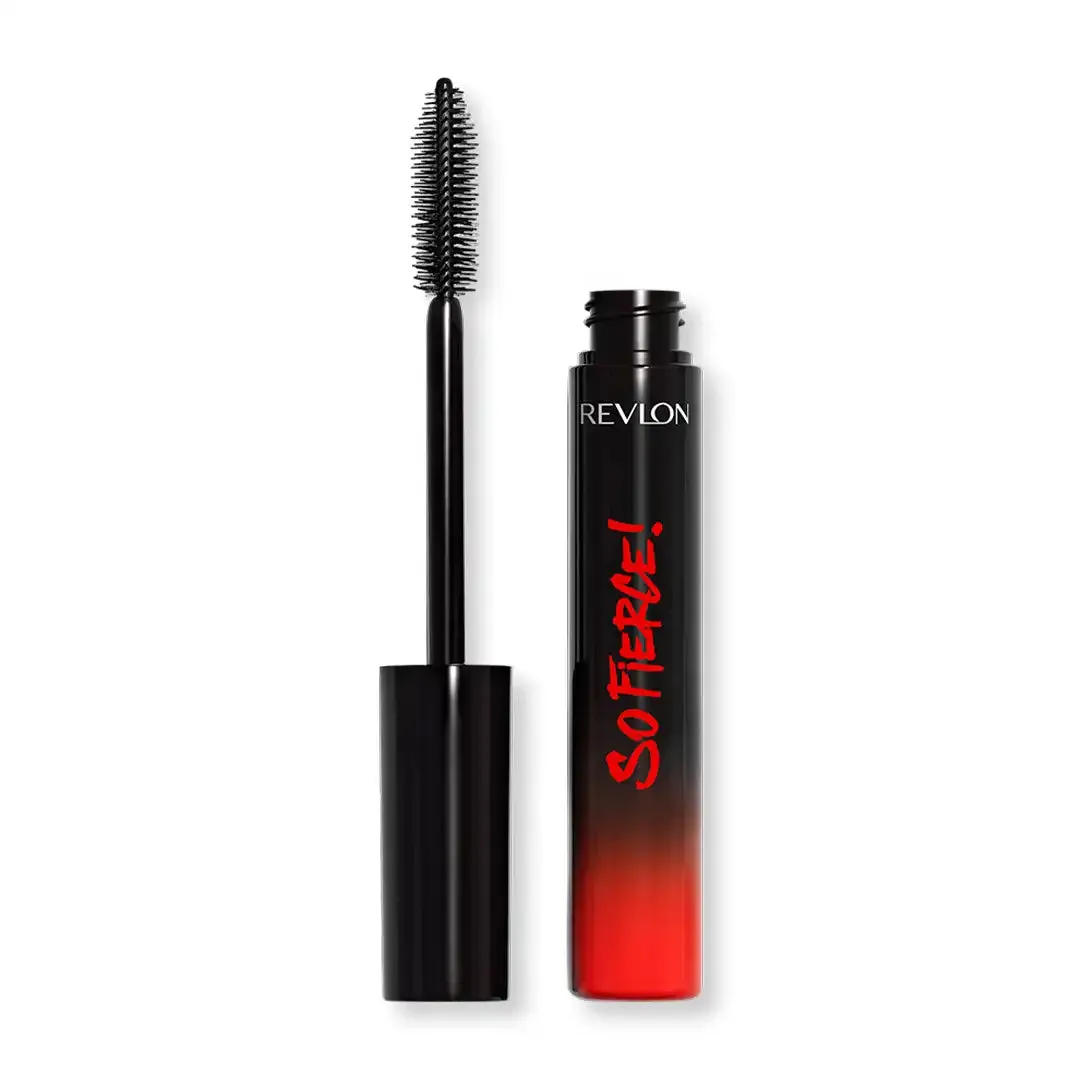 Front of Revlon So Fierce Mascara tube with applicator wand shown alongside