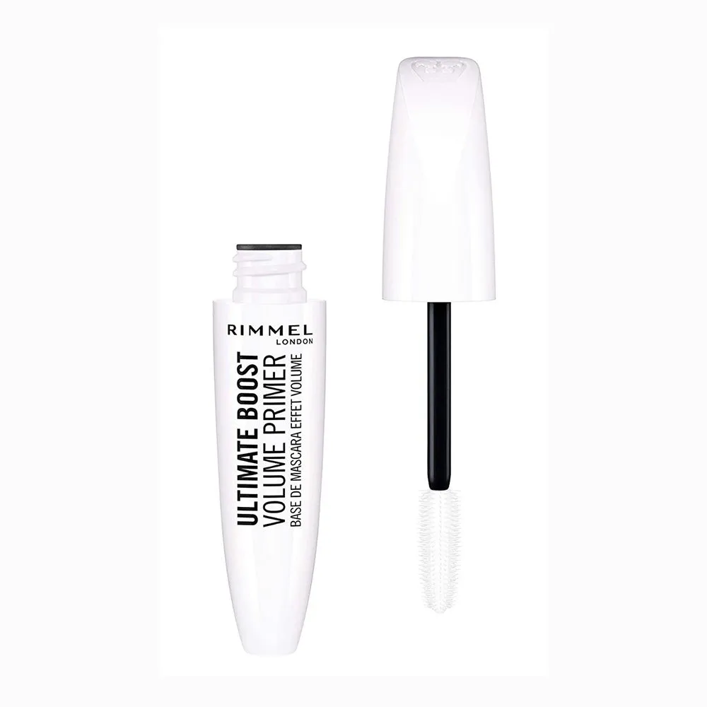 Front of Rimmel London Scandaleyes Ultimate Boost Volume Primer tube, 12 ml, with applicator wand shown