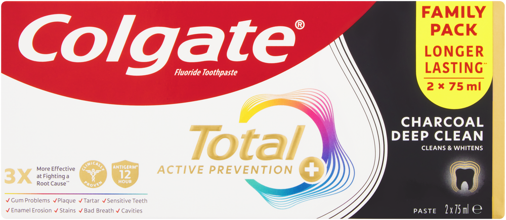 Colgate Total Active Prevention Charcoal Deep Clean Fluoride Toothpaste 2 x 75ml