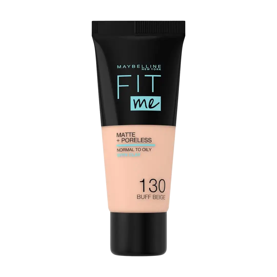 Front of Maybelline Fit Me Matte + Poreless Foundation tube, shade 130 Buff Beige