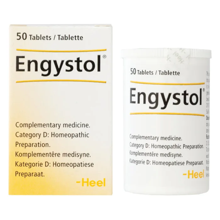 Front of Heel Engystol 50 Tablets box and bottle