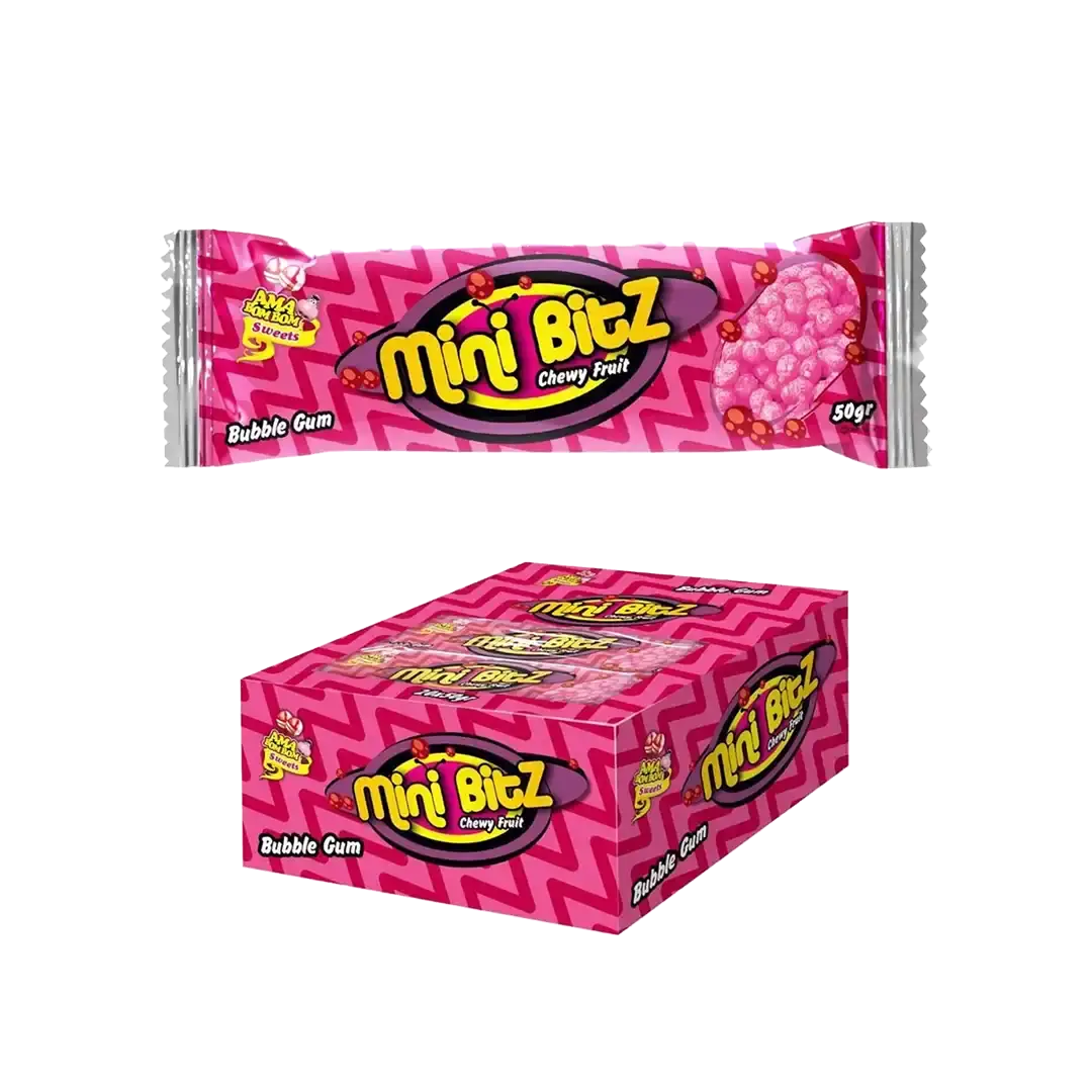 Front of Mini Bitz Chewy Fruit Bubble Gum 50 g single pack and display box
