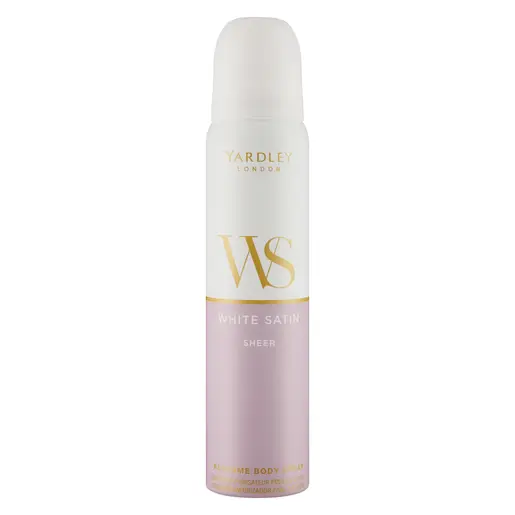Front of Yardley White Satin Sheer All Over Body Spray 90ml can