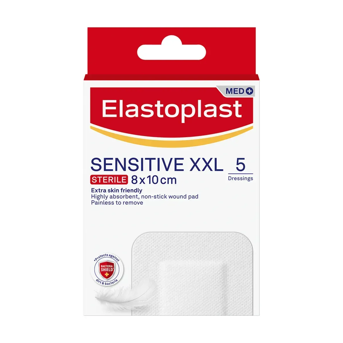 Front of Elastoplast Sensitive XXL 8x10cm 5 dressings box
