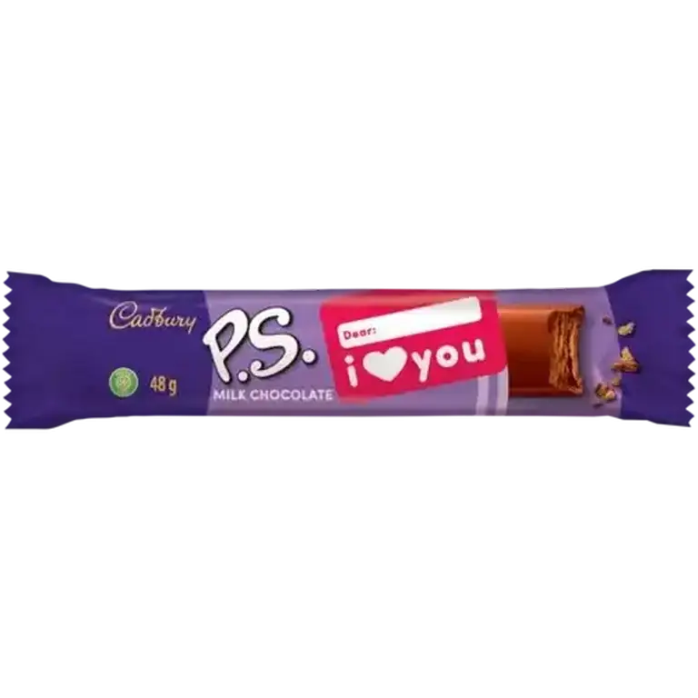 Front of Cadbury P.S. Milk Chocolate bar 48 g on white background