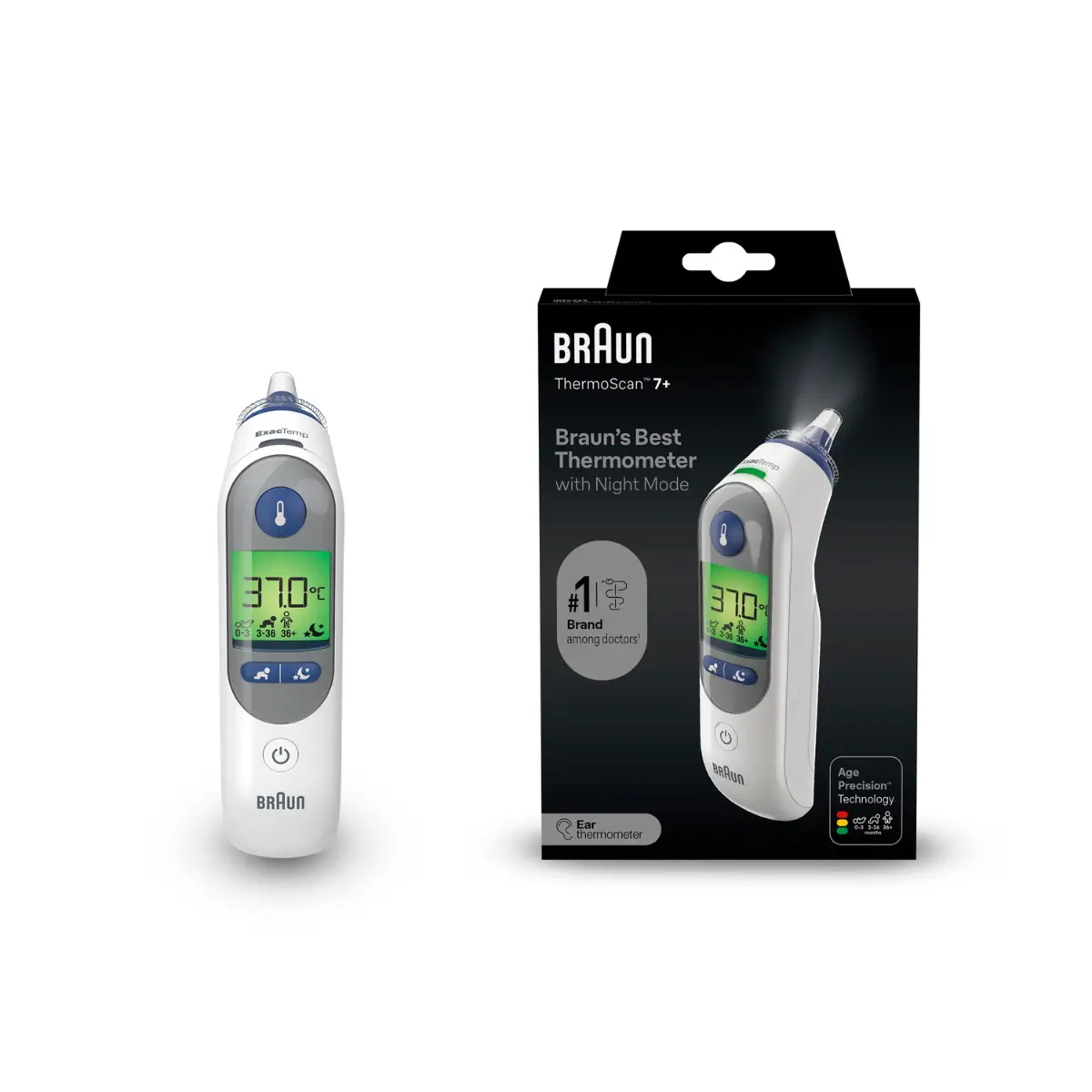 Braun ThermoScan 7+ BR6525 thermometer and box on white background