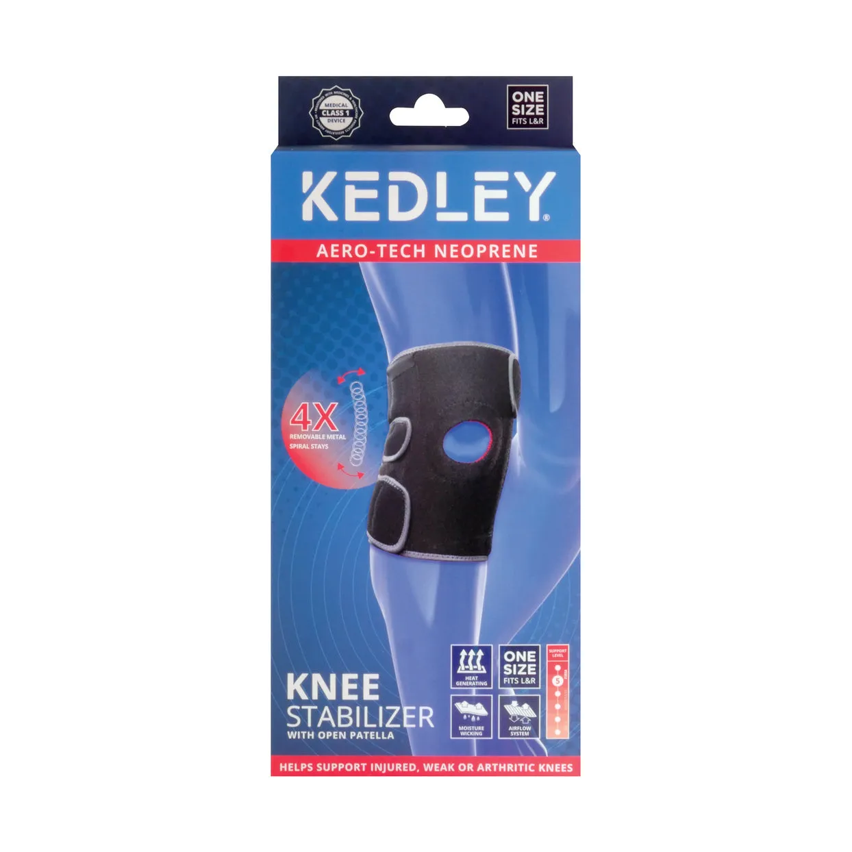 Front of Kedley Aero-Tech Neoprene Knee Stabilizer box, One Size Fits L&R