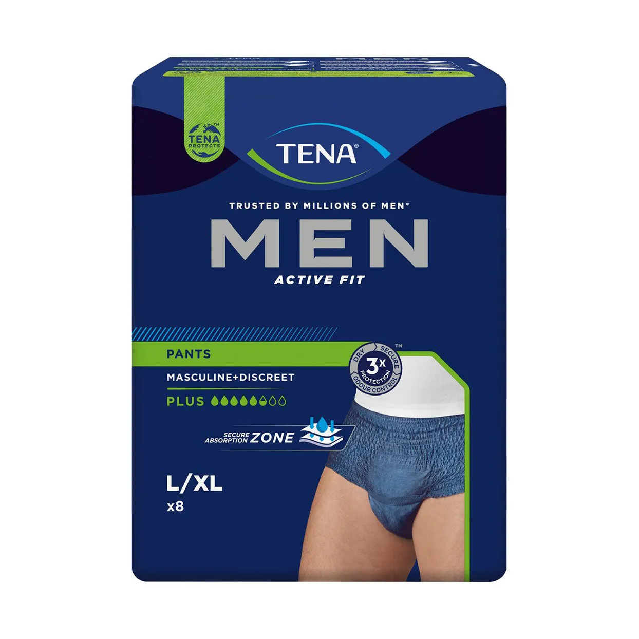 Front of TENA Men Active Fit Pants Plus, L/XL, 8 pack