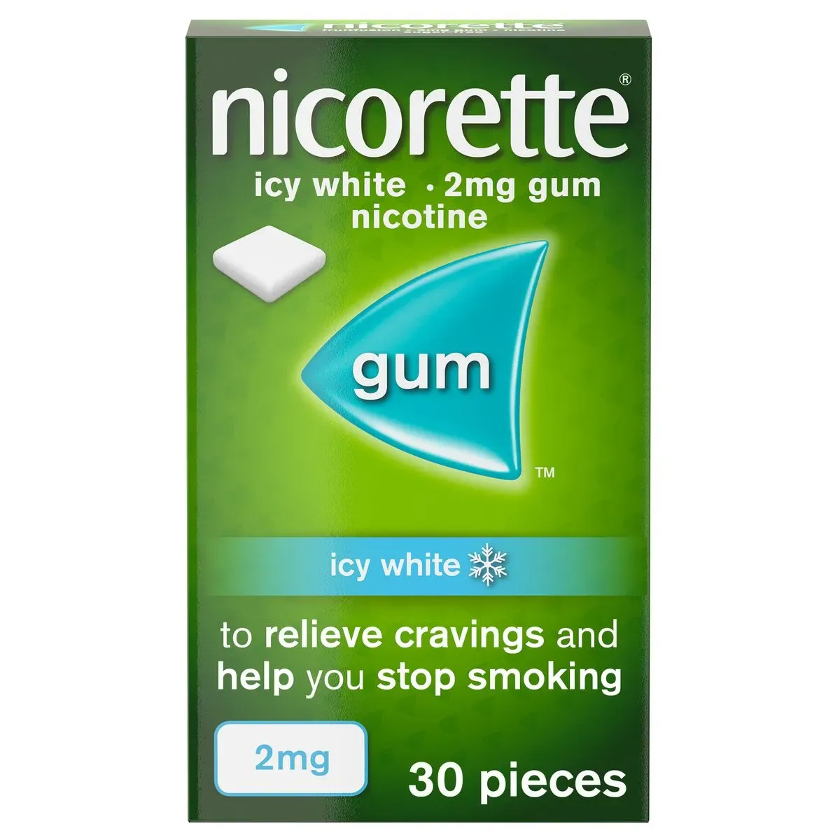 Front of Nicorette Icy White 2mg Gum, 30 pieces box
