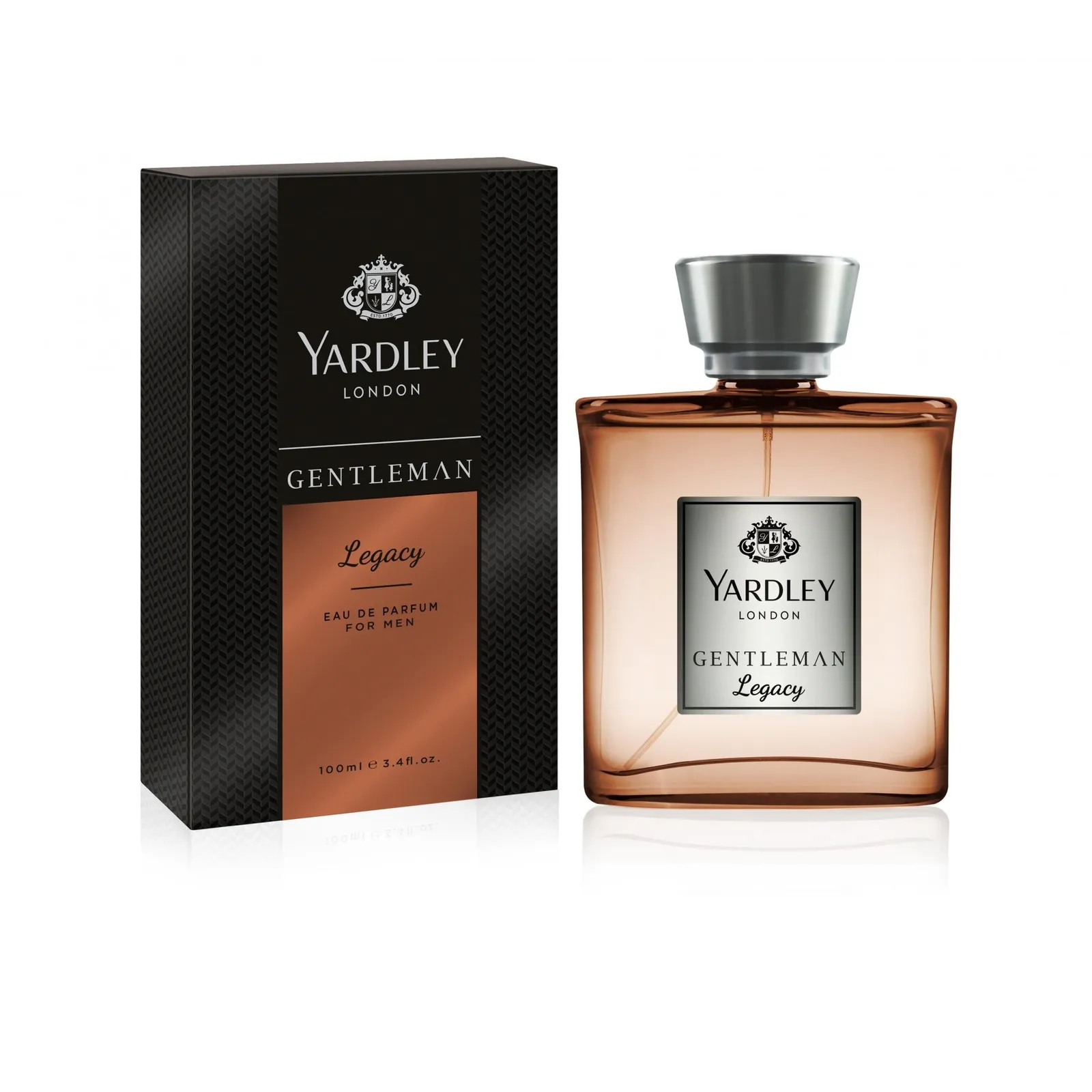Front of Yardley London Gentleman Legacy Eau de Parfum for Men 100ml box and bottle