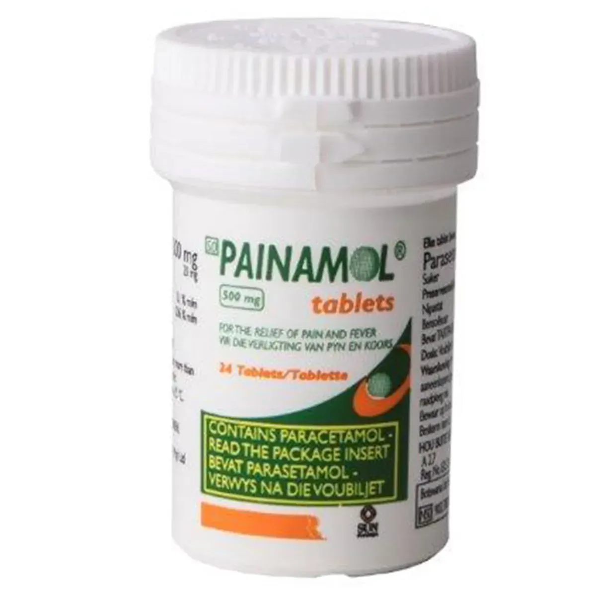 Front of Painamol 500mg 24 Tablets bottle, Sun Pharmaceutical