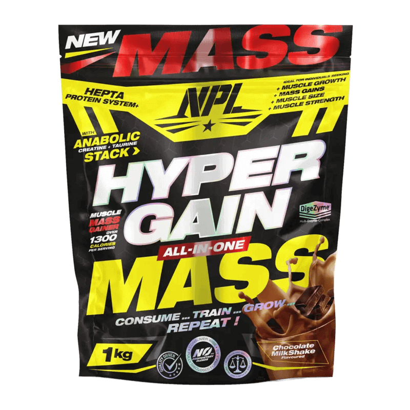 Front of NPL Hyper Gain All-In-One Mass Gainer Chocolate MilkShake 1 kg pouch