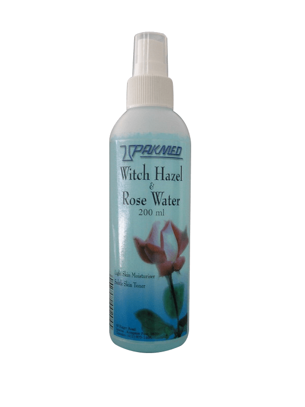 Angled view of Pakmed Witch Hazel & Rose Water 200 ml spray bottle