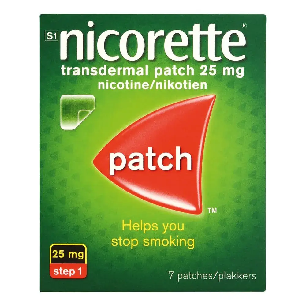 Front of Nicorette Transdermal Patch 25 mg box, 7 patches, studio shot
