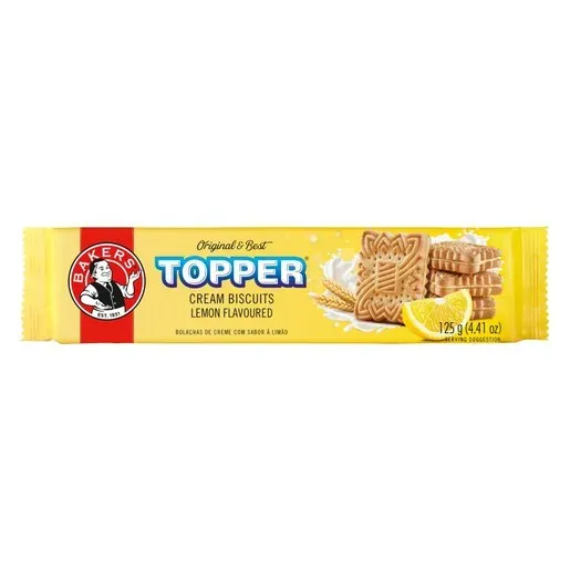 Front view of Bakers Topper Lemon Flavoured Cream Biscuits 125 g pack