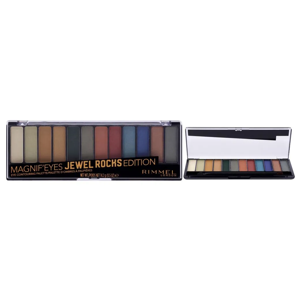 Front of Rimmel London Magnif'Eyes Jewel Rocks Edition 12-Shade Eyeshadow Palette, 0.5oz, shown closed and open