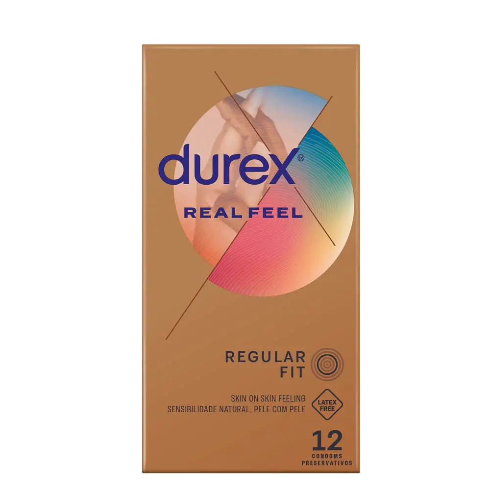 Front of Durex Real Feel Regular Fit condoms box, 12 condoms