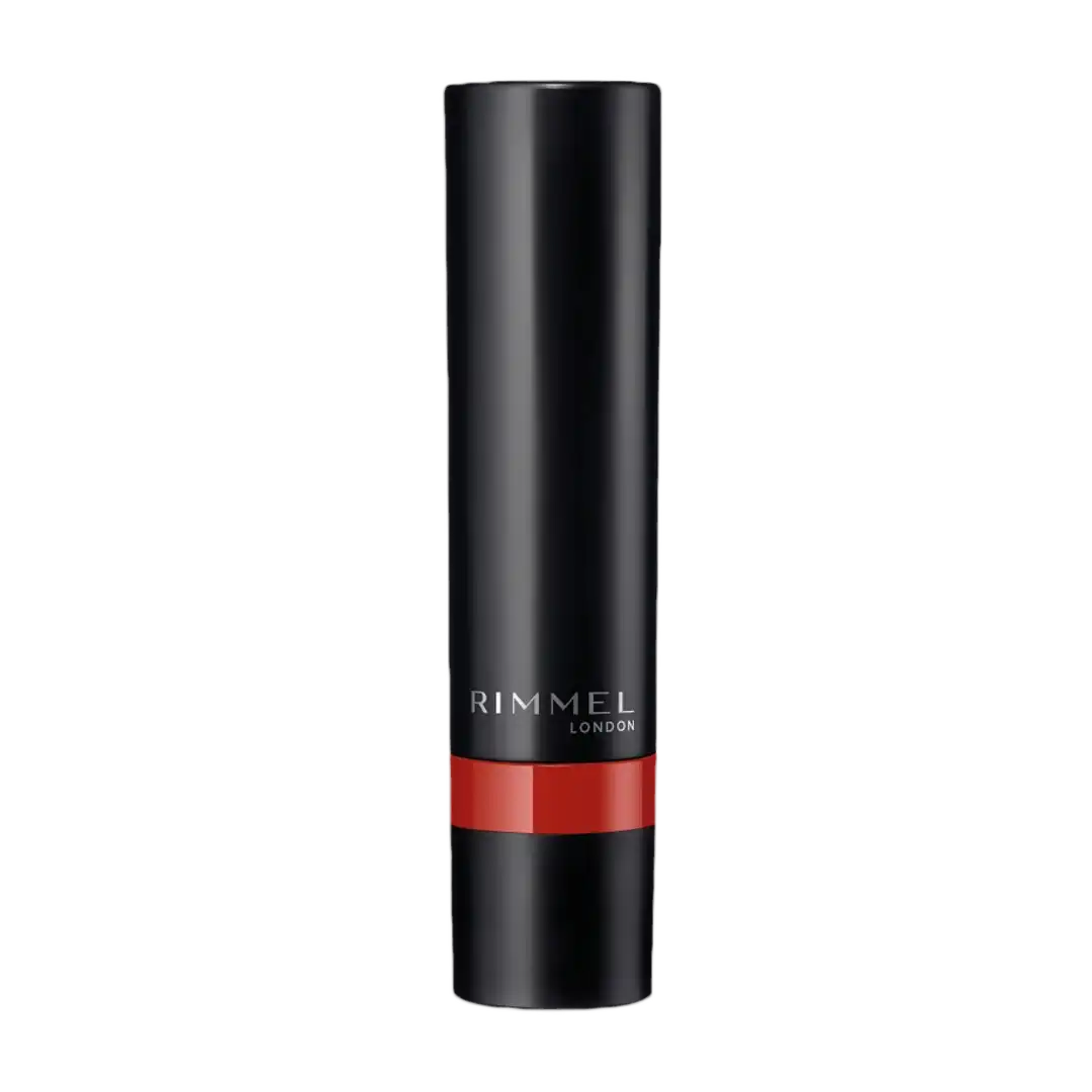 Front of Rimmel London Lasting Finish Matte Lipstick, black tube with red accent band, 2.3 g