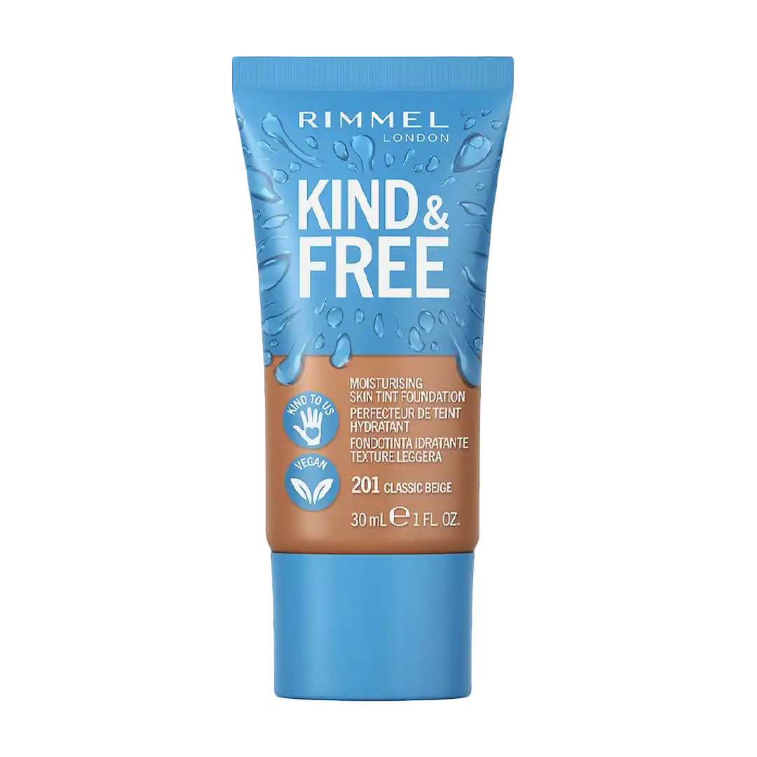 Front of Rimmel Kind & Free Moisturising Skin Tint Foundation 201 Classic Beige 30 ml tube