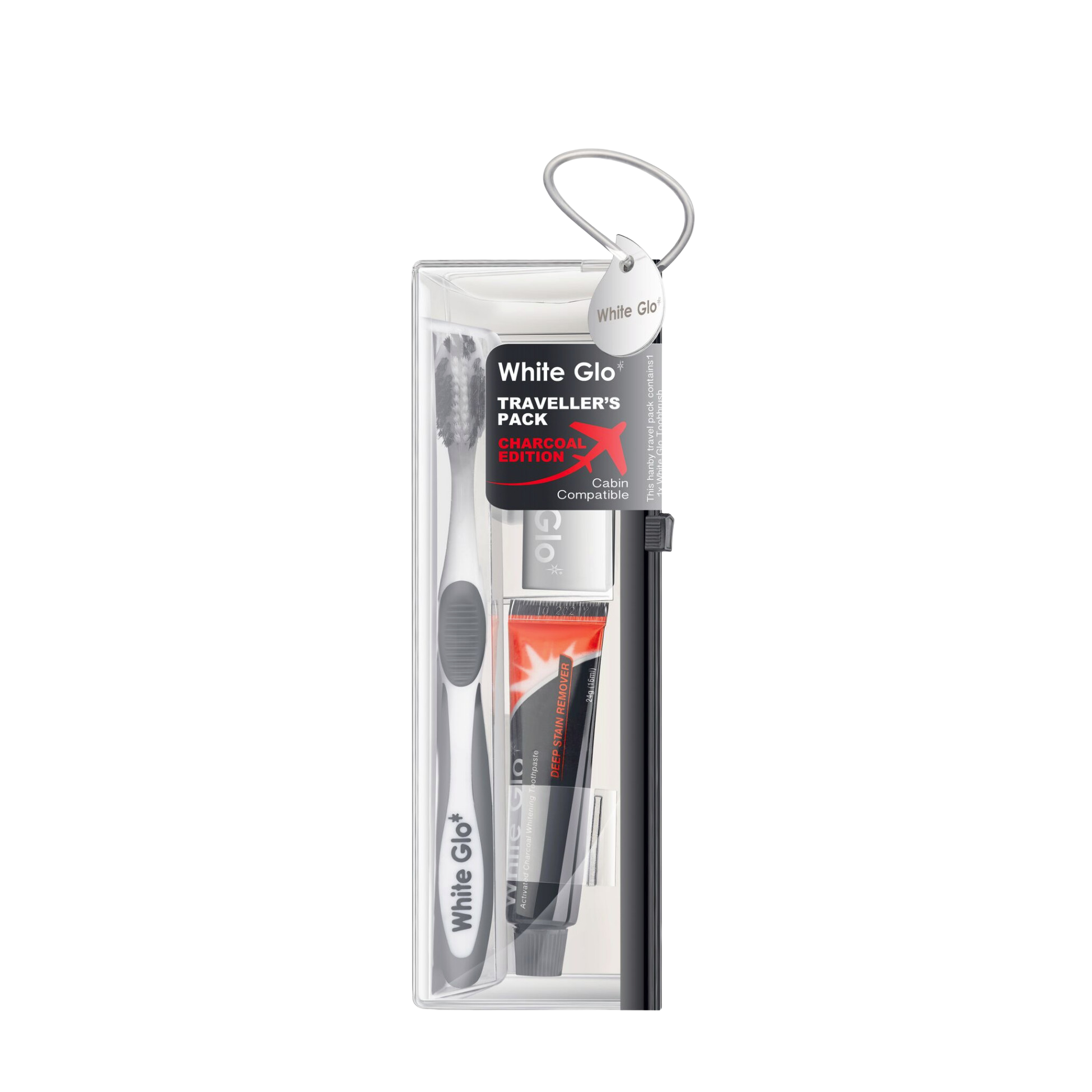 Front of White Glo Traveller's Pack Charcoal Edition toothpaste and toothbrush set