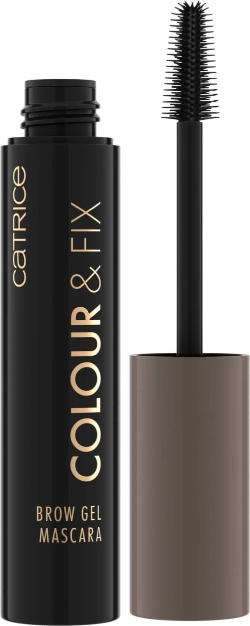 Front of Catrice Colour & Fix Brow Gel Mascara 030 Dark Brown tube with applicator wand