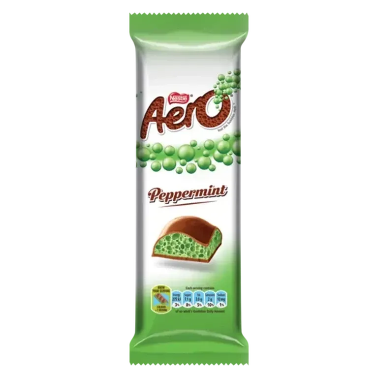 Front of Nestlé Aero Peppermint chocolate bar 85 g on white background