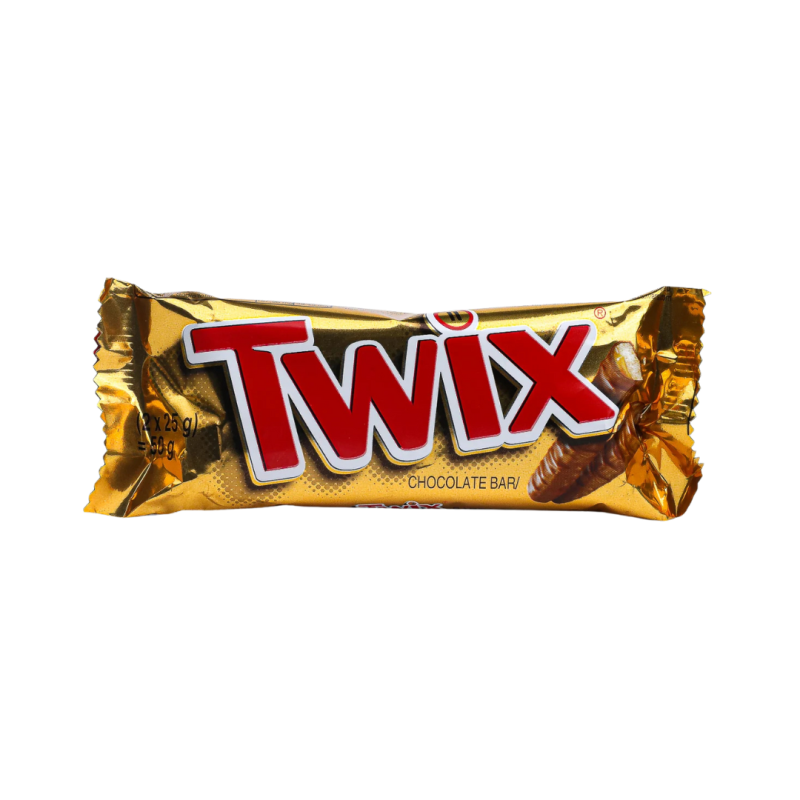 Front of Twix Classic 50 g chocolate bar (2 x 25 g) on white background