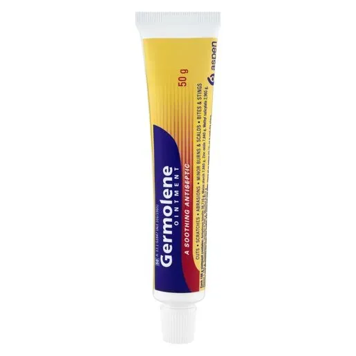 Front of Germolene Ointment 50 g tube on white background