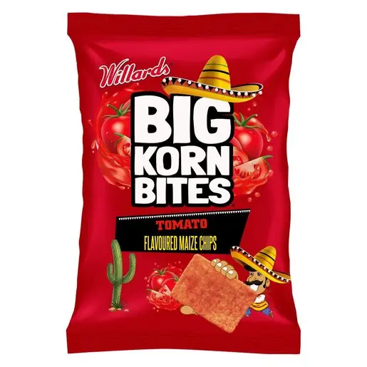 Front of Willards Big Korn Bites Tomato flavoured maize chips 50 g