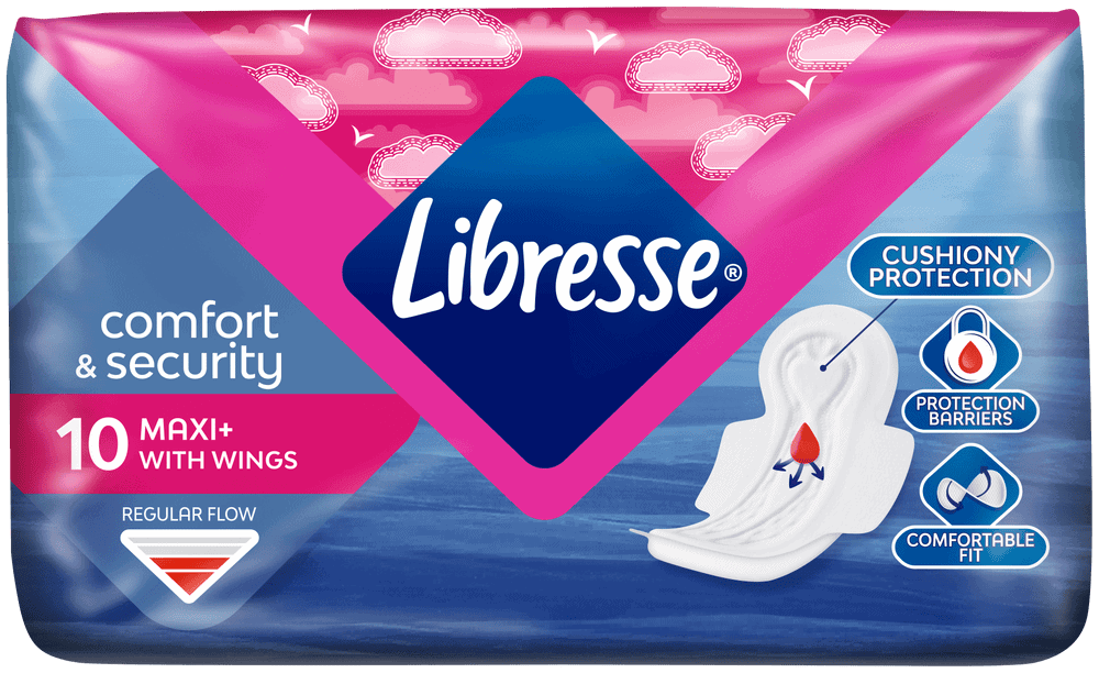 Libresse Regular Flow Comfort & Security Maxi+ Sanitary Pads with Wings 10pk