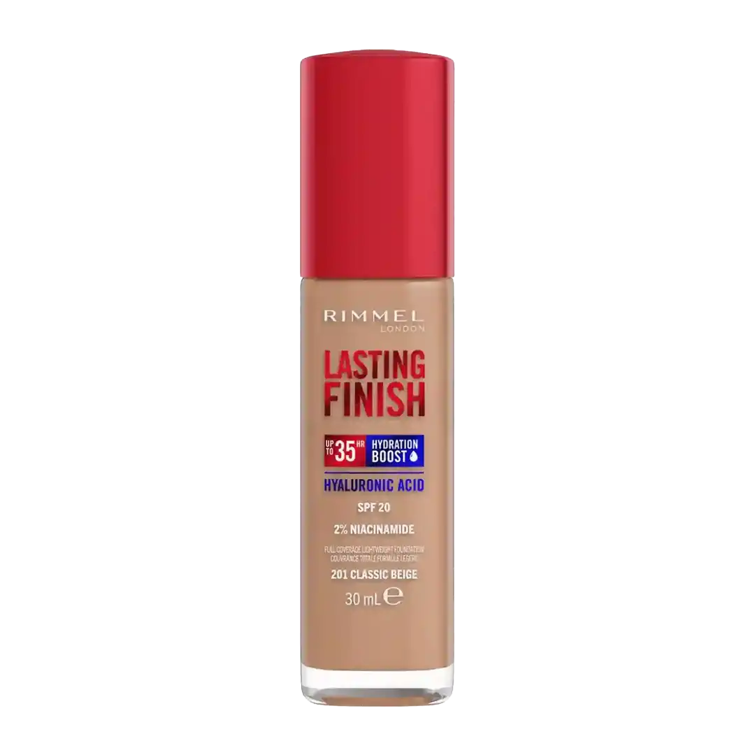 Front of Rimmel London Lasting Finish 35 Hour Liquid Foundation, 201 Classic Beige, 30 mL bottle